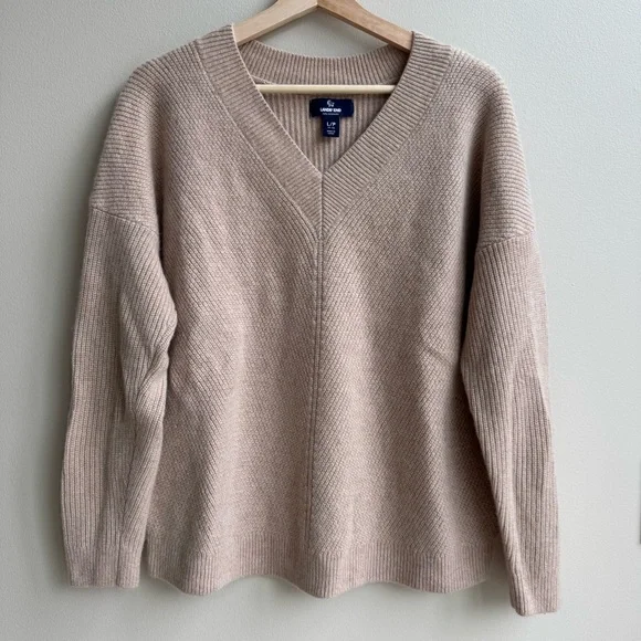 Lands’ End 100% Cashmere V-Neck Sweater Beige Tan Women’s Size L 14-16 - Picture 2 of 6